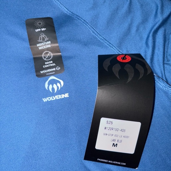 Wolverine NWT Size M Lake Blue Eco Sun Stop UPF 50 Long Sleeve Hooded Shirt - Picture 4 of 8